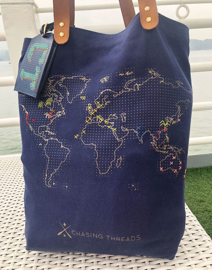 Chasing Threads Embroidery Navy Stitch Where You've Been Tote Bag, Chasing Threads 5060576590454 5060576590454