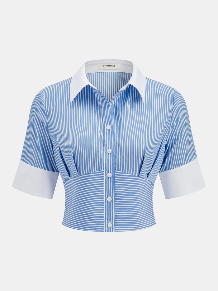 Striped Cropped Half Sleeve Button Shirt