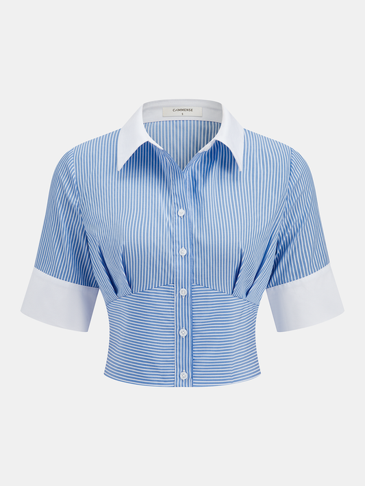 Striped Cropped Half Sleeve Button Shirt