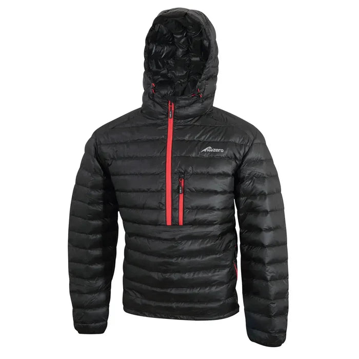 Sub Standard Sub Zero mens lightweight down hoody showing the front detail with red zips and the hood up