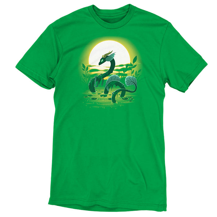 Premium Cotton T-shirt_TeeTurtle Swamp Dragon apple apparel featuring a magical dragon coming up out of a swamp covered in greenery with a sun setting in the background.