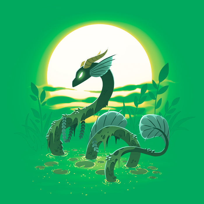 Classic Cotton T-shirt_TeeTurtle Swamp Dragon irish green apparel featuring a magical dragon coming up out of a swamp covered in greenery with a sun setting in the background.
