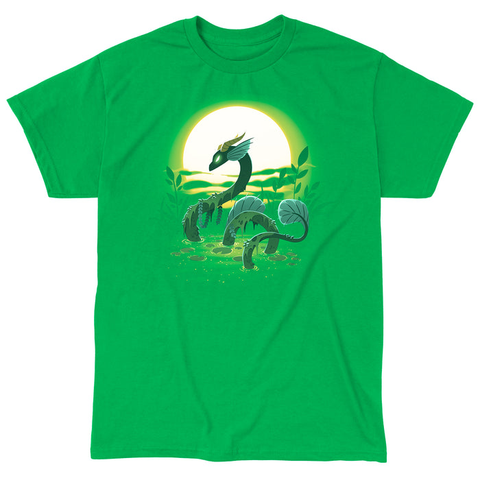 Classic Cotton T-shirt_TeeTurtle Swamp Dragon irish green apparel featuring a magical dragon coming up out of a swamp covered in greenery with a sun setting in the background.