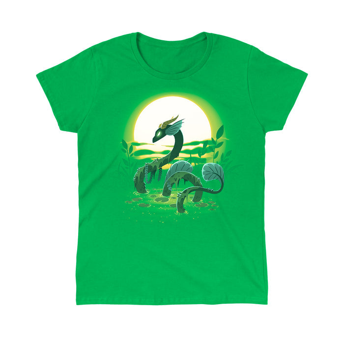 Classic Cotton T-shirt_TeeTurtle Swamp Dragon irish green apparel featuring a magical dragon coming up out of a swamp covered in greenery with a sun setting in the background.