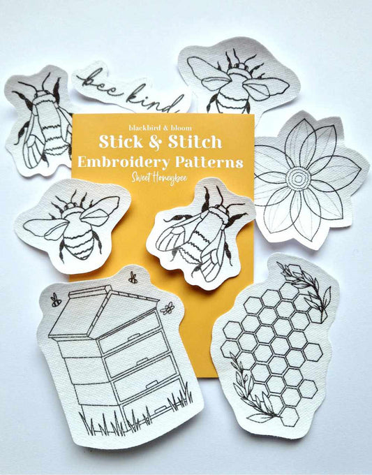Sweet Honeybee Stick & Stitch Embroidery Patterns, Blackbird & Bloom