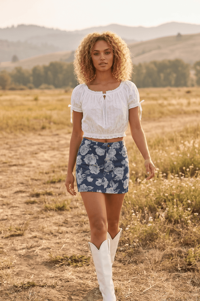 floral denim skort western style perfect for country concert outfits, rodeo looks and summer boutique fashion and Americana 4th of July looks