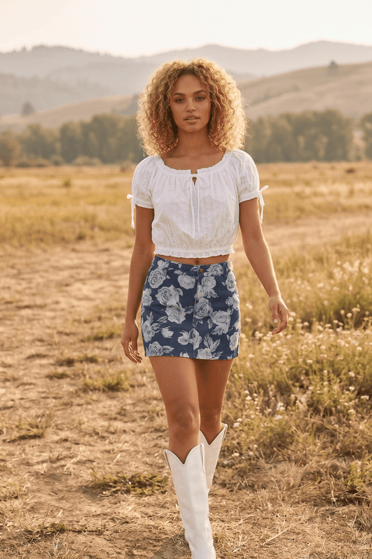 floral denim skort western style perfect for country concert outfits, rodeo looks and summer boutique fashion and Americana 4th of July looks
