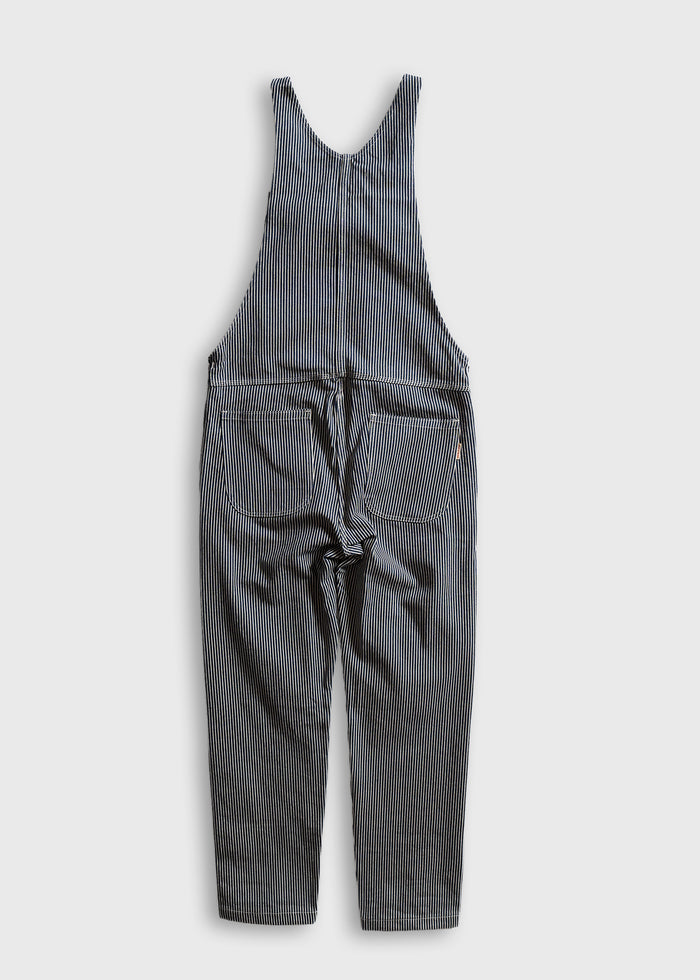 Blue and white striped overalls with pockets, laid flat on a white background, showcasing casual, vintage-inspired fashion.