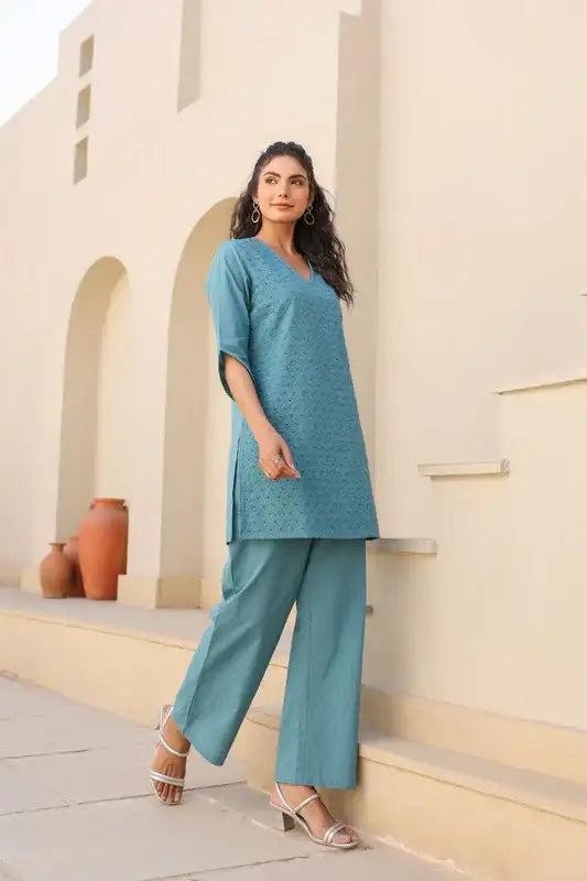 Teal Bliss Schiffli Cotton Co-ord Set