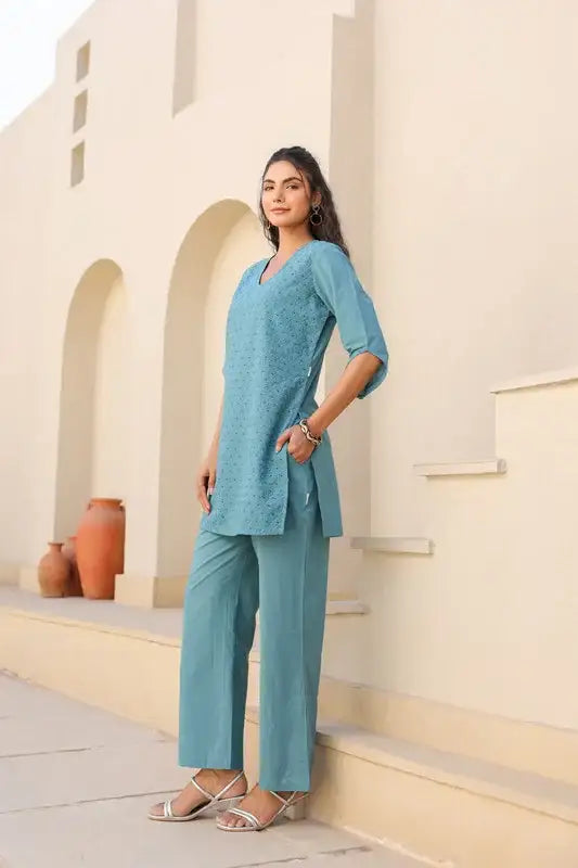 Teal Bliss Schiffli Cotton Co-ord Set