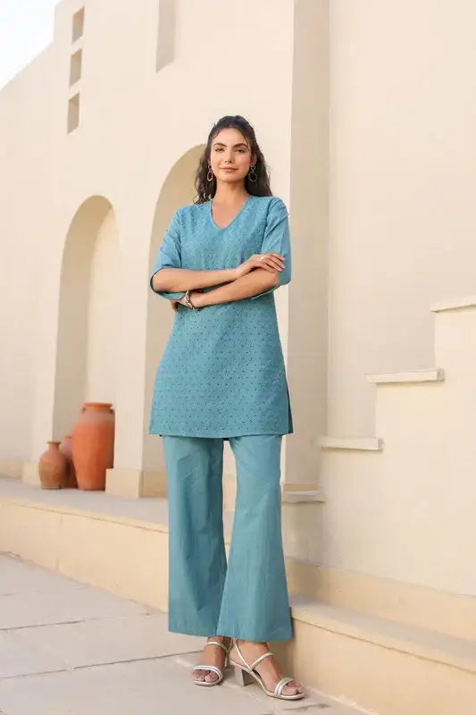 Teal Bliss Schiffli Cotton Co-ord Set