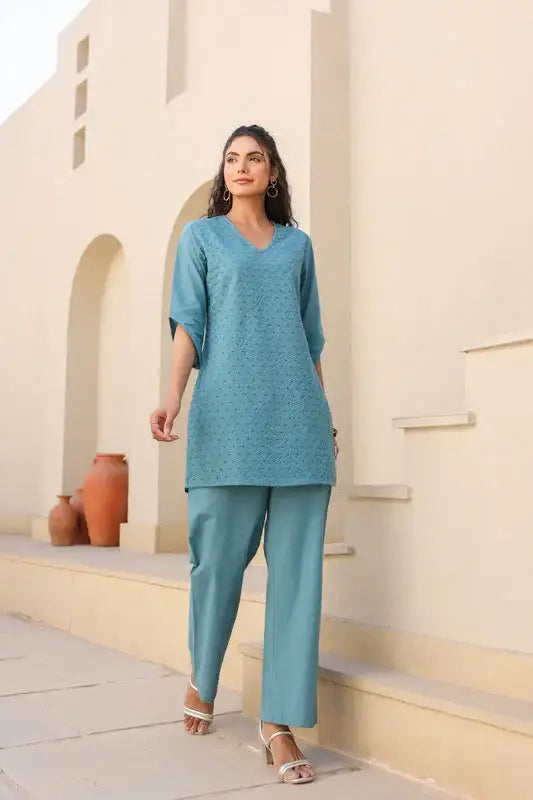 Teal Bliss Schiffli Cotton Co-ord Set