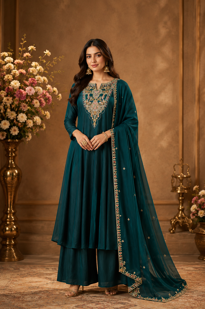 Teal Embroidered Anarkali Kurta Palazzo Set with Dupatta