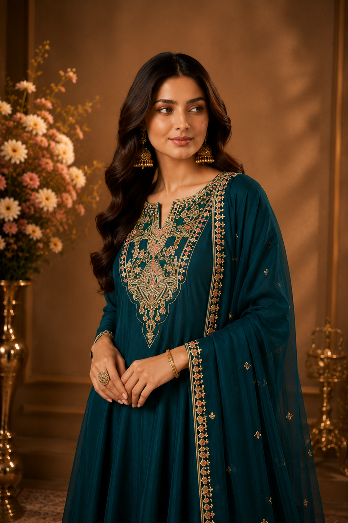 Teal Embroidered Anarkali Kurta Palazzo Set with Dupatta
