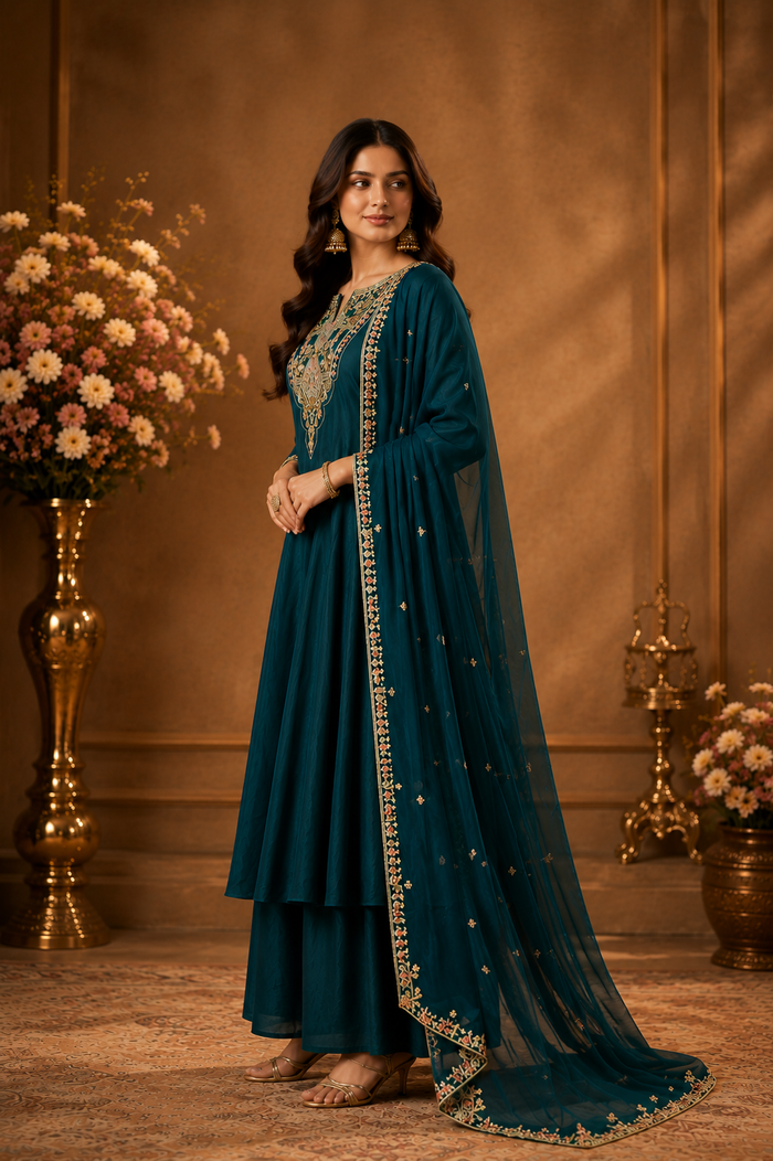 Teal Embroidered Anarkali Kurta Palazzo Set with Dupatta