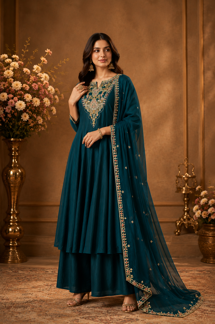 Teal Embroidered Anarkali Kurta Palazzo Set with Dupatta
