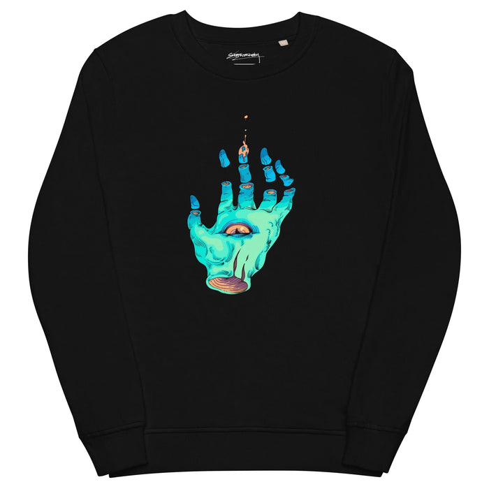 The Wizard's Hand Sweatshirt - The severed Spectral Cyan (#40E0D0) hand featuring a realistic dorsal eye with golden iris and levitating fingertips dripping Molten Amber (#FFB74D) fluid