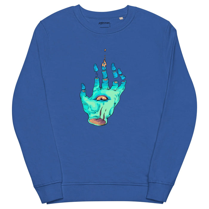 The Wizard's Hand Sweatshirt in Midnight Slate & Cyan. OEKO-TEX® 100, GOTS Certified, OCS Certified.