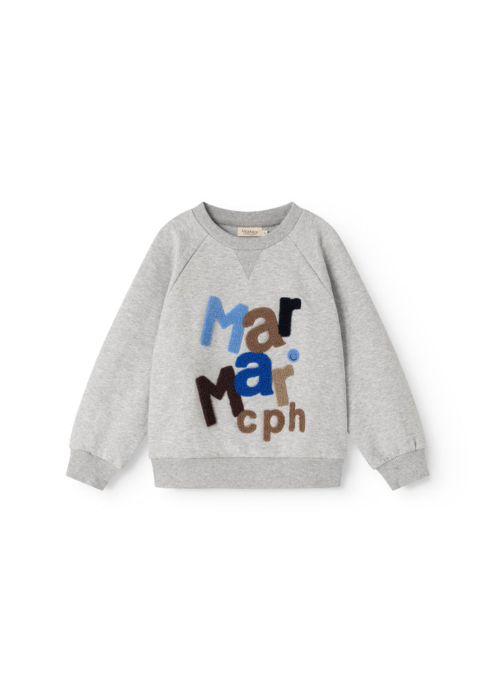 Gray sweatshirt with multicolored "Mar mar" logo print on the front and long sleeves.
