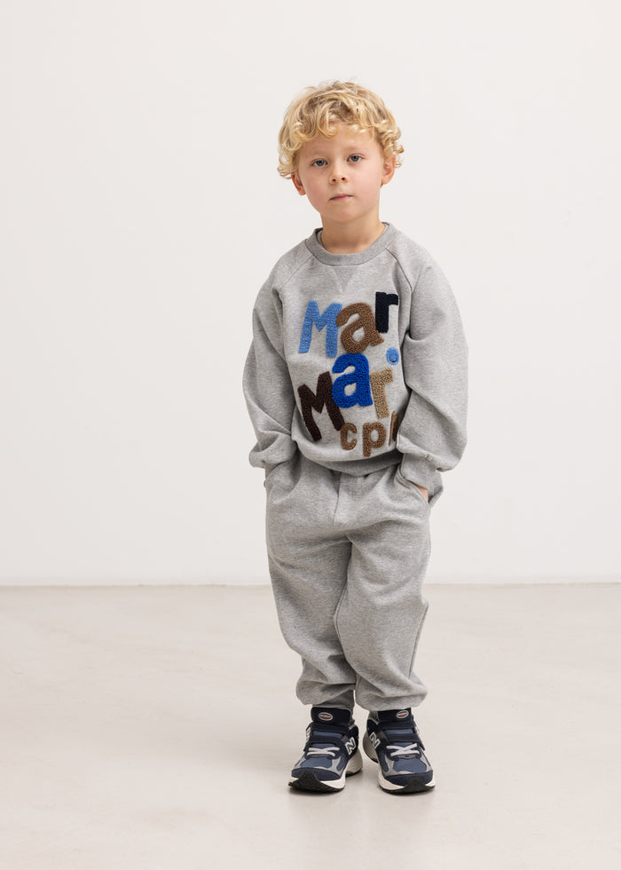 Gray sweatshirt with multicolored logo print on the front, crew neck and long sleeves.