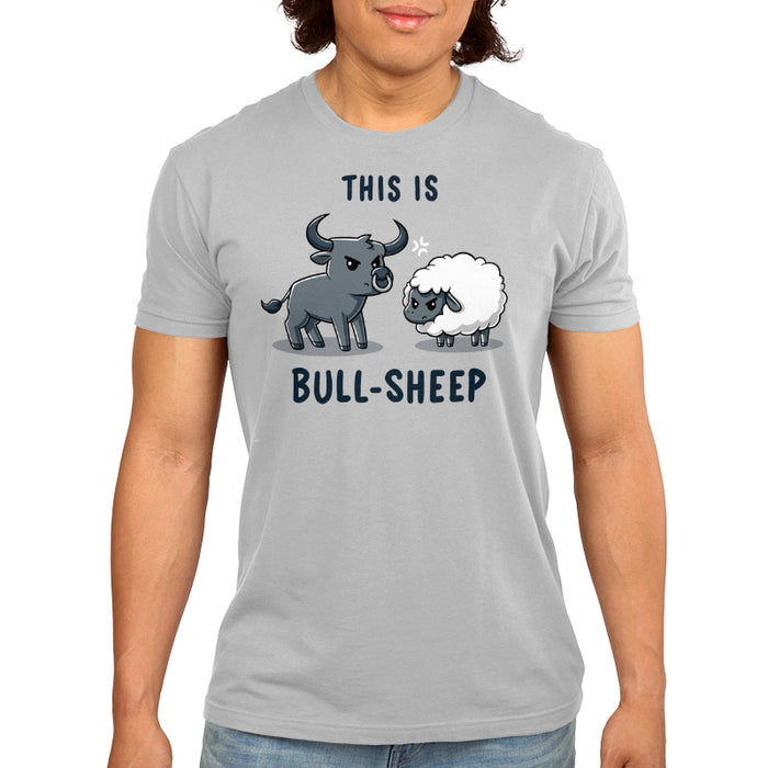 Premium Cotton T-shirt_TeeTurtle This Is Bull-Sheep silver gray t-shirt featuring a cartoon image with a bull and a sheep standing next to each other, both frowning. Text above reads "This is" and below reads "Bull-Sheep."
