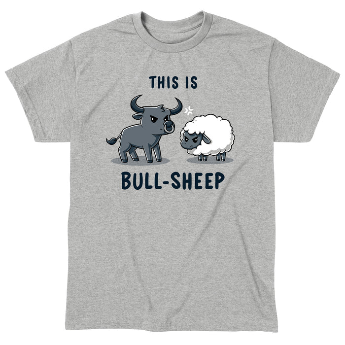 Classic Cotton T-shirt_TeeTurtle This Is Bull-Sheep heather gray t-shirt featuring a cartoon image with a bull and a sheep standing next to each other, both frowning. Text above reads "This is" and below reads "Bull-Sheep."