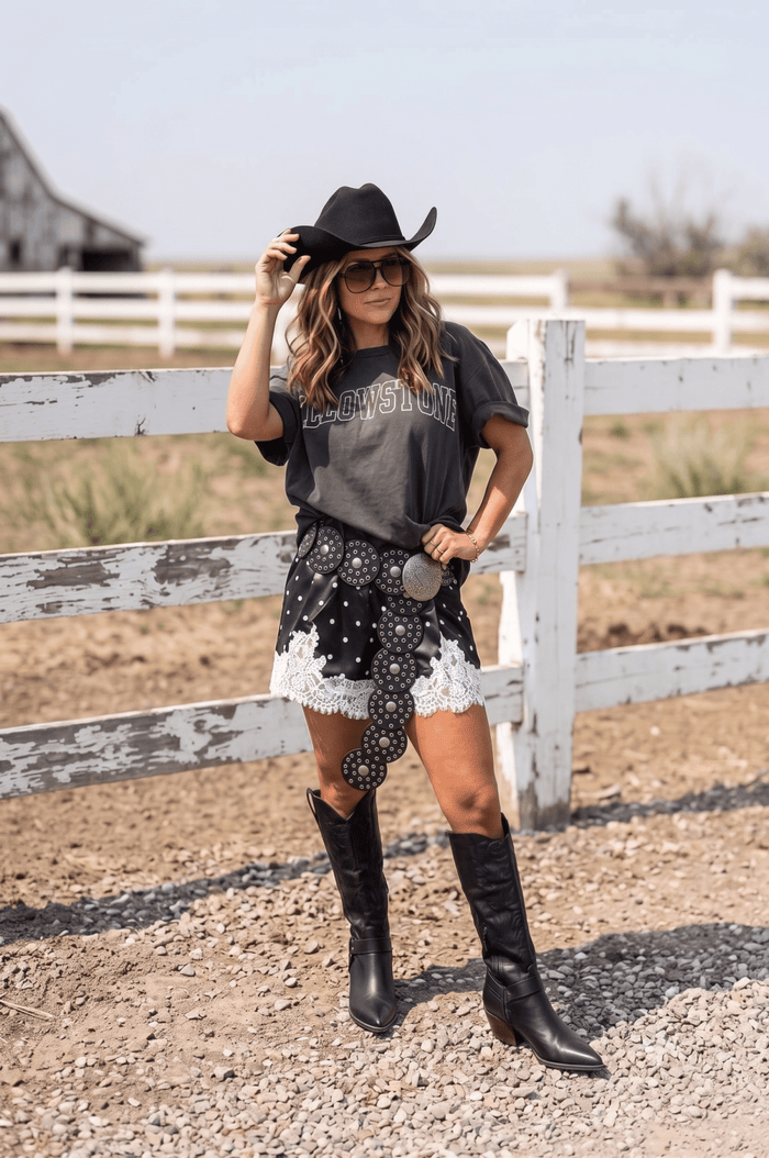 Satin lace trimmed shorts with polka dots. Perfect to wear under graphic tees for country concerts, festivals, and rodeos
