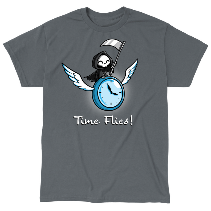 Classic Cotton T-shirt_TeeTurtle charcoal Time Flies Classic Cotton T-shirt featuring a grim reaper riding a clock with wings. The text below reads  "Time Flies"