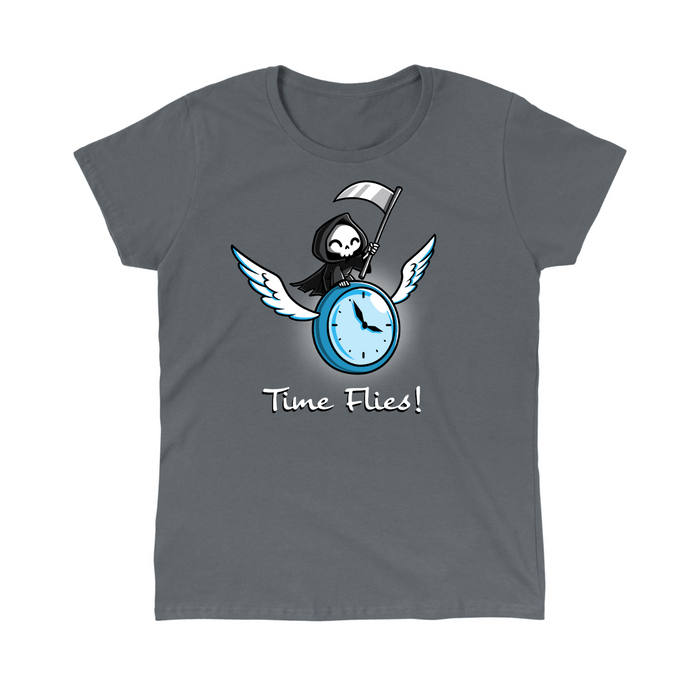 Classic Cotton T-shirt_TeeTurtle charcoal Time Flies Classic Cotton T-shirt featuring a grim reaper riding a clock with wings. The text below reads  "Time Flies"