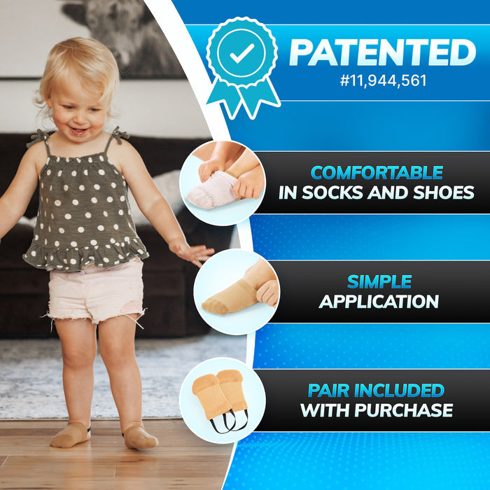 Patented tip-toe walking braces go on easy and fit under socks and in shoes