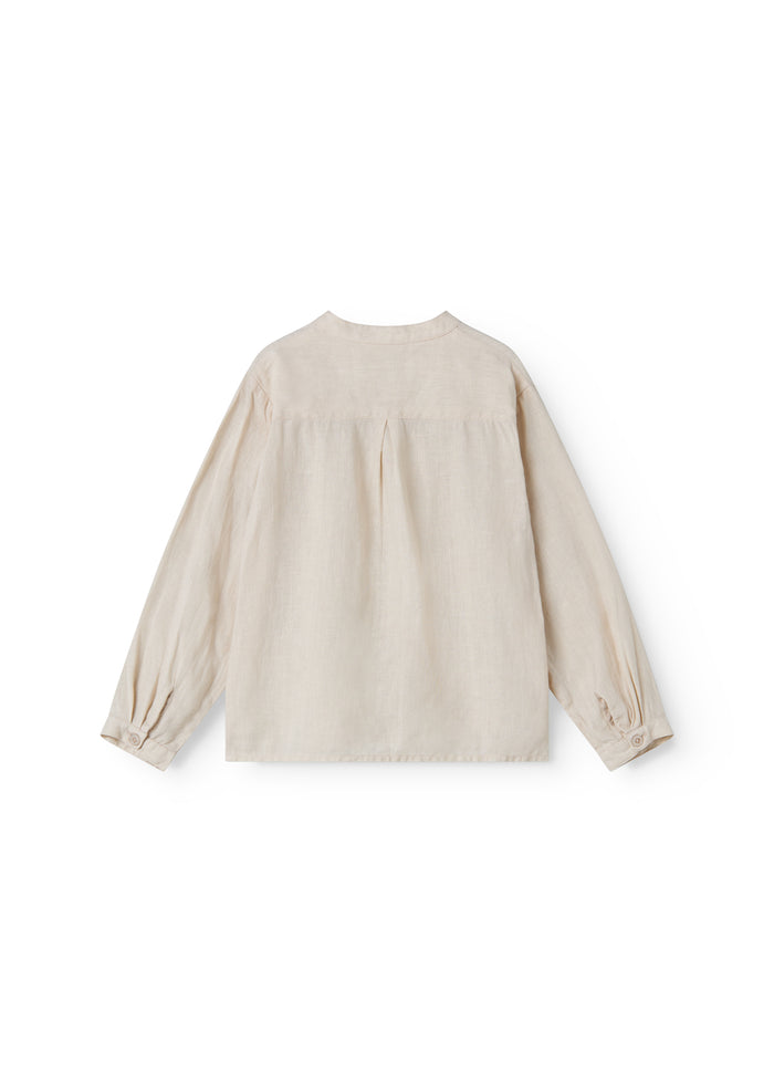 Beige long-sleeved shirt for children with a Mandarin collar and front button-up.