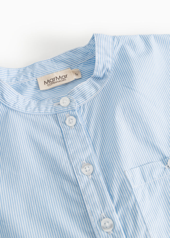 Light blue striped shirt with round neckline and three buttons.