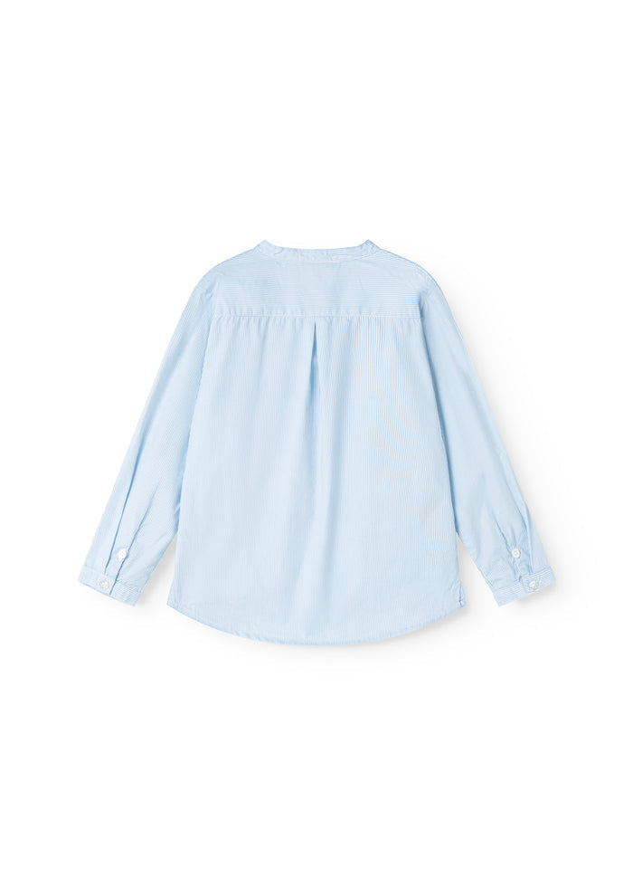 Light blue striped shirt with creased back and button sleeves.