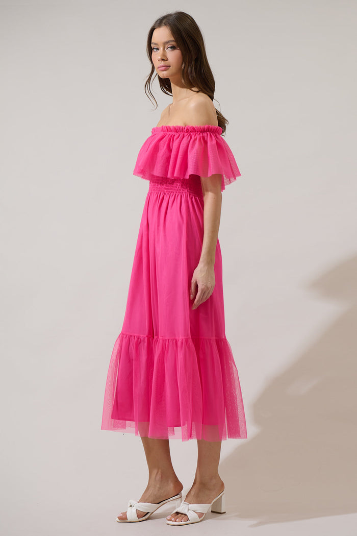 Trace Tulle Off the Shoulder Midi Dress