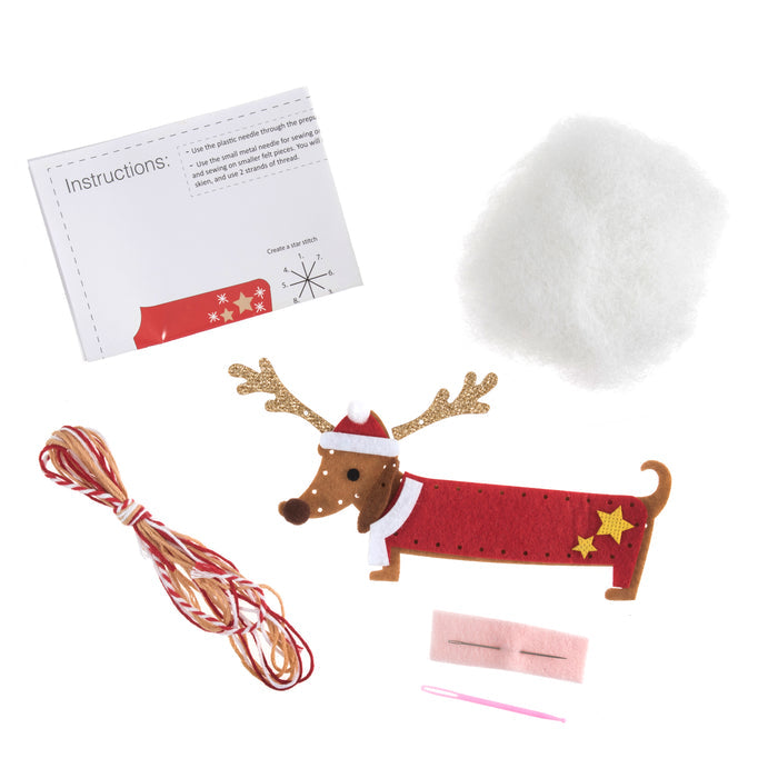 Trimits Felt Decoration Kit Christmas Festival Dachshund, 10x12cm, Includes Felt Shapes, Thread, Stuffing, Needle, and Ribbon