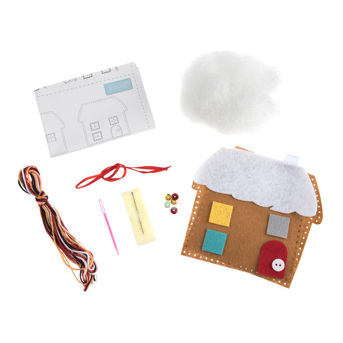 Trimits Felt Decoration Kit Christmas Gingerbread House, 10x12cm, Includes Felt Shapes, Thread, Stuffing, Needle, and Ribbon