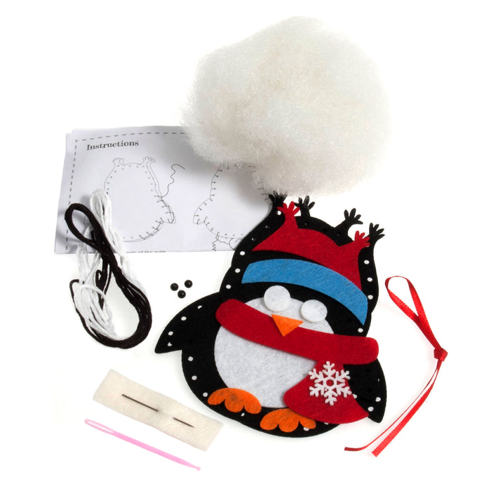 Trimits Felt Decoration Kit Christmas Penguin, 10x12cm, Includes Felt Shapes, Thread, Stuffing, Needle, and Ribbon