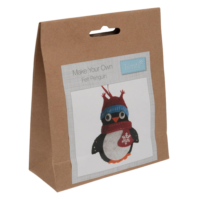 Trimits Felt Decoration Kit Christmas Penguin, 10x12cm, Includes Felt Shapes, Thread, Stuffing, Needle, and Ribbon