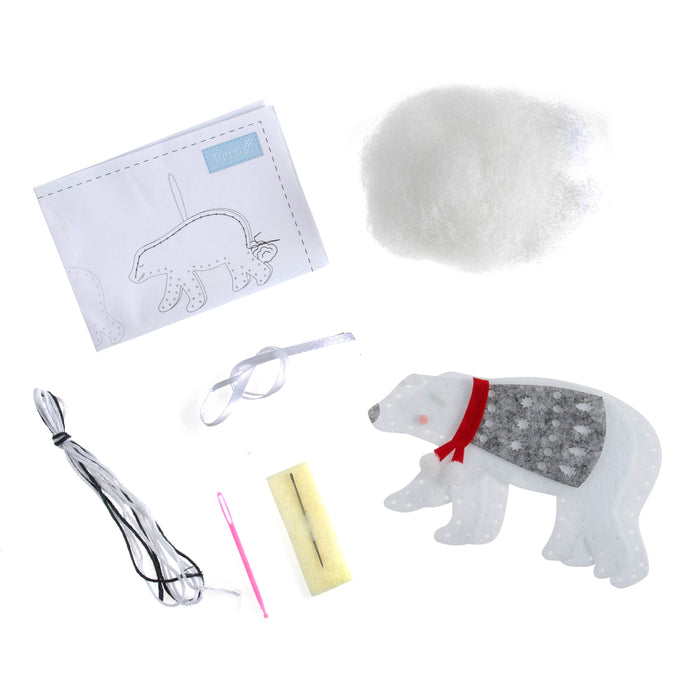Trimits Felt Decoration Kit Christmas Polar Bear, 10x12cm, Includes Felt Shapes, Thread, Stuffing, Needle, and Ribbon