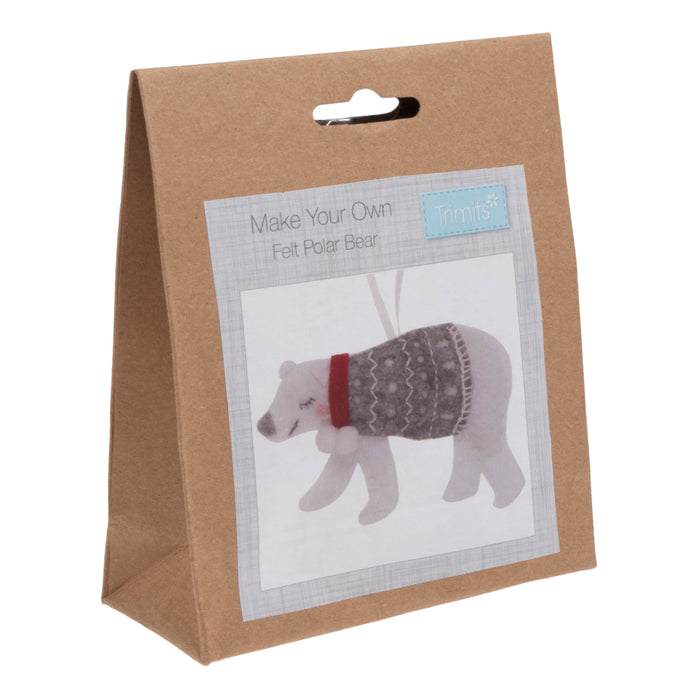 Trimits Felt Decoration Kit Christmas Polar Bear, 10x12cm, Includes Felt Shapes, Thread, Stuffing, Needle, and Ribbon
