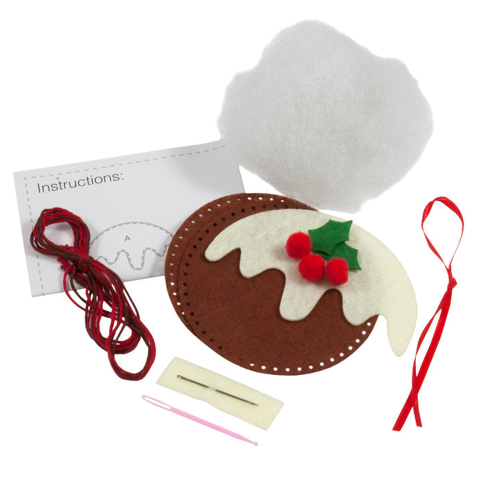 Trimits Felt Decoration Kit Christmas Pudding, 10x12cm, Includes Felt Shapes, Thread, Stuffing, Needle, and Ribbon
