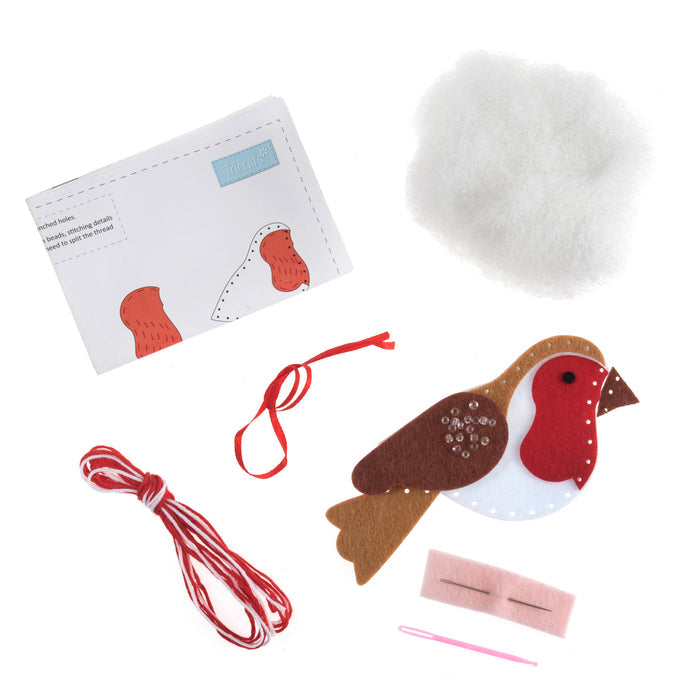 Trimits Felt Decoration Kit Christmas Robin, 10x12cm, Includes Felt Shapes, Thread, Stuffing, Needle, and Ribbon