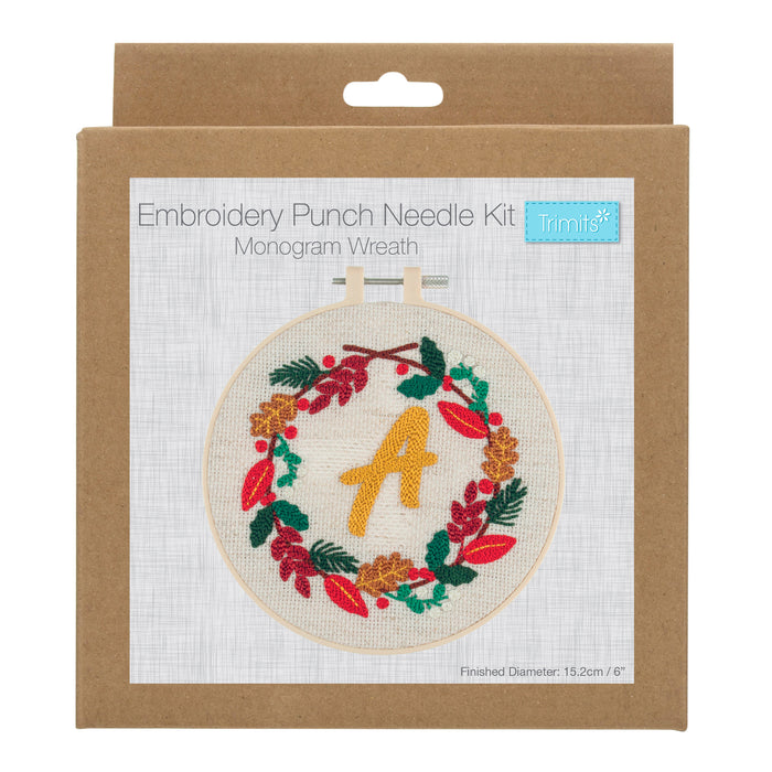 Trimits Punch Needle Kit Floss and Hoop: Christmas Monogram Wreath, 15.2cm Diameter, Includes Floss, Hoop, Fabric, Punch Needle, and In...