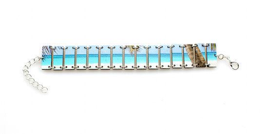 Tropical beach scene laser-cut wood bracelet, made in USA