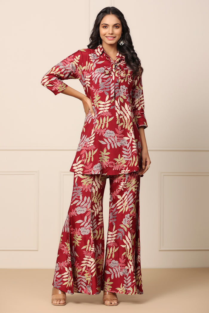 Tropical Maroon Russian Silk Co-ord Set