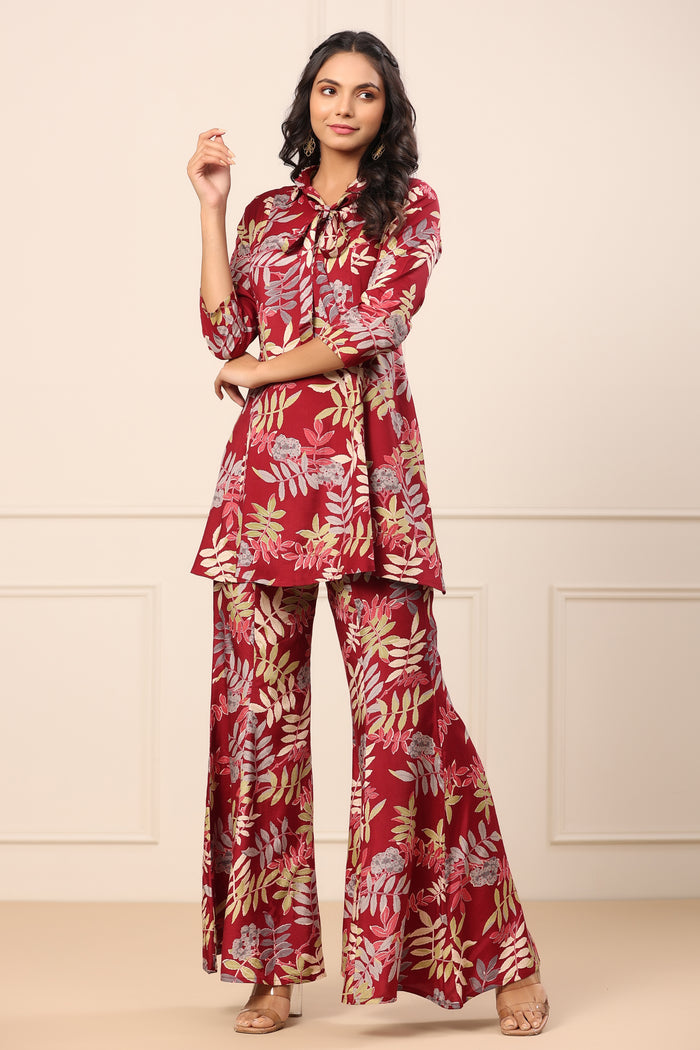 Tropical Maroon Russian Silk Co-ord Set