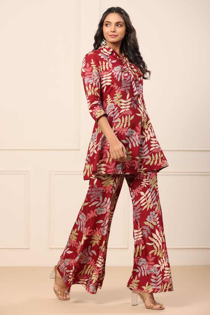 Tropical Maroon Russian Silk Co-ord Set