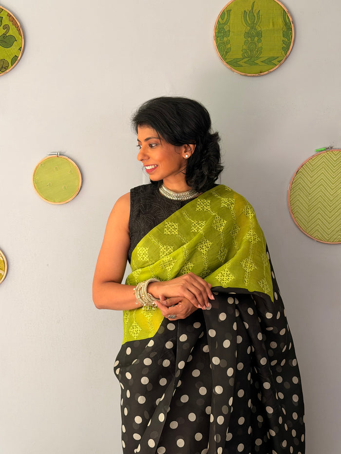 Tuhina Dots Print Play Organza Saree - Citron