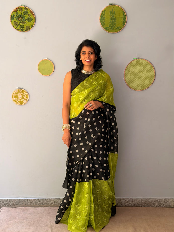 Tuhina Dots Print Play Organza Saree - Citron