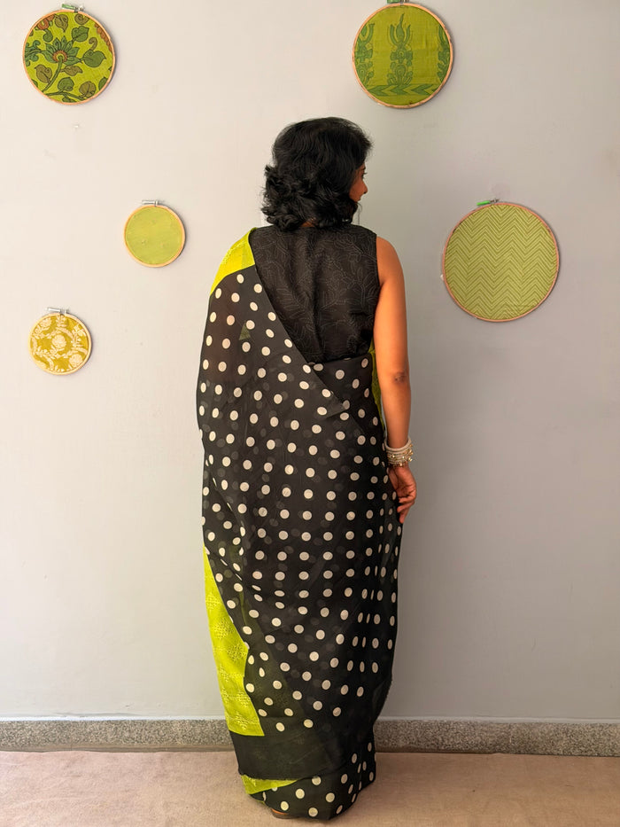 Tuhina Dots Print Play Organza Saree - Citron